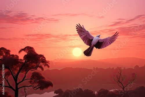 Morning sky in soft tones  flat lone bird., generative IA © Gabriel