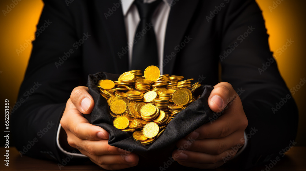 Fototapeta premium Businessman wearing a suit holding a bag full of golden coins representing a lot of money