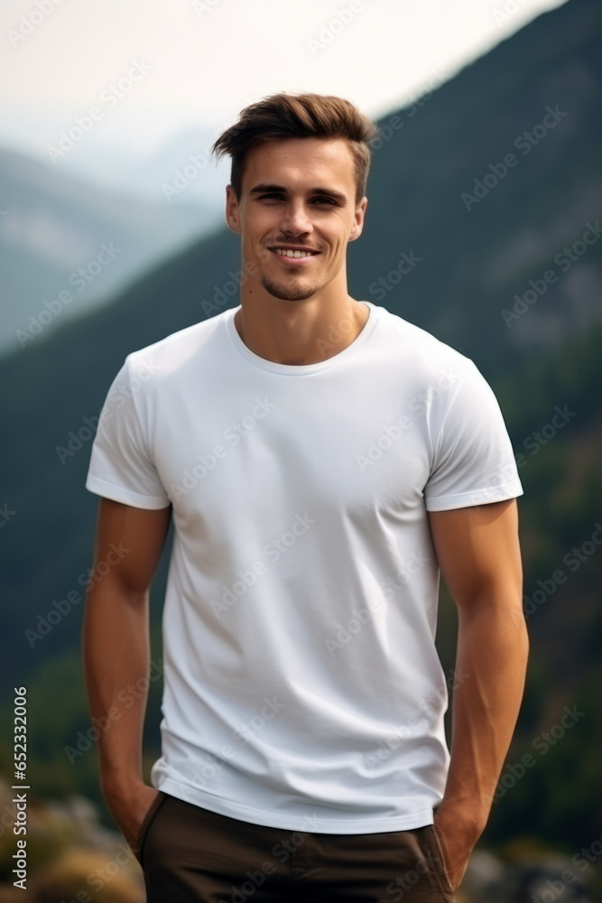 Handsome lean man wearing a plain white tshirt mockup outdoor in front of mountains nature background Handsome lean man wearing a plain white tshirt mockup outdoor in front of mountains nature background