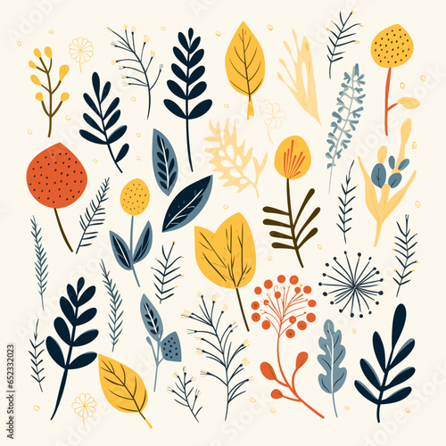 Botanical s pattern, background, hand-drawn cartoon flat art Illustrations in minimalist vector style