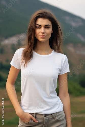 Beautiful lean woman wearing a plain white tshirt mockup outdoor in front of mountains nature background © Keitma