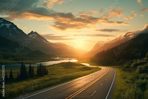 Landscape and nature of mountains lake highway in background of beautiful sunset view and mountains. Travel concept of vacation and holiday.