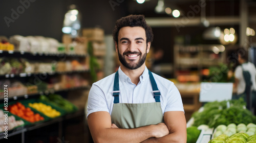 Smiling young male supermarket worker looking at the camera inside the grocery store photo