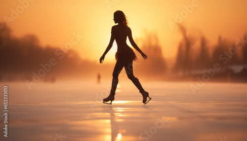 woman skating on the lake in the sunset light