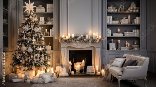 Christmas cozy home interior. Christmas room with a decorated Christmas tree. © megavectors