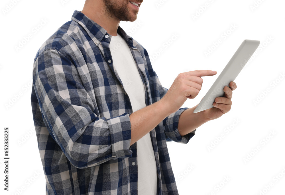 Happy man using tablet on white background, closeup Happy man using tablet on white background, closeup