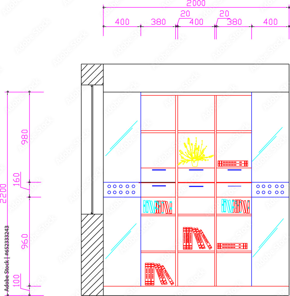 Vector sketch illustration of interior architectural design of furniture and bookshelf Vector sketch illustration of interior architectural design of furniture and bookshelf