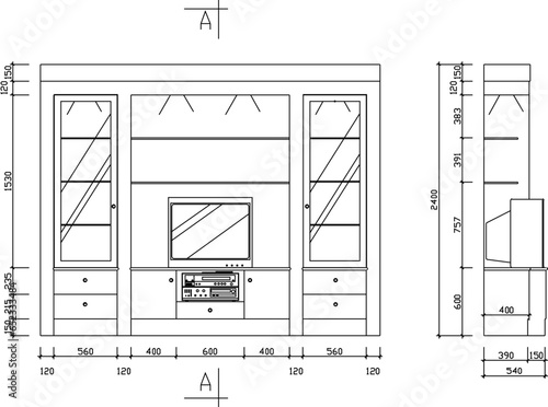 Vector sketch illustration of interior design of television backdrop furniture and furniture to scale