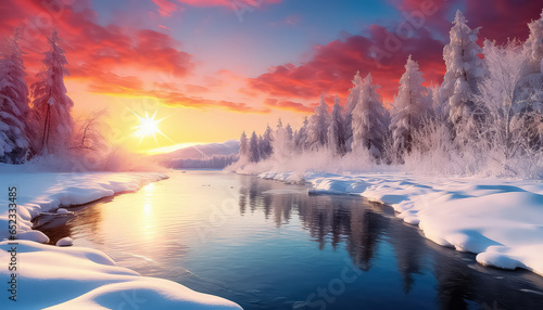 Winter river with trees covered with frost against the background of sunset