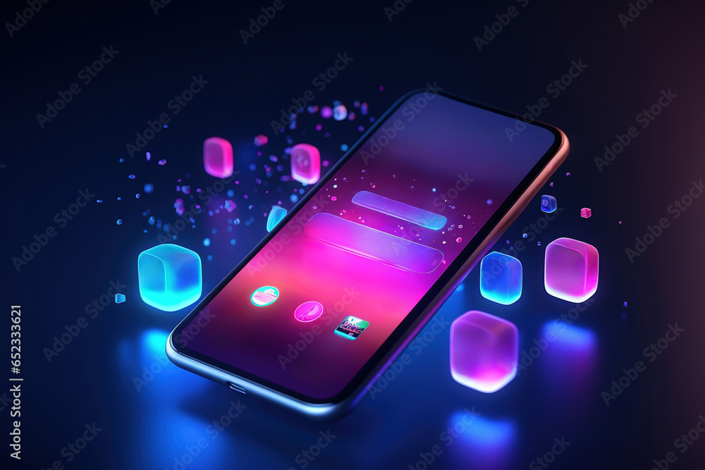 Levitating smartphone on an abstract neon background with app interface on the screen. - obrazy, fototapety, plakaty 