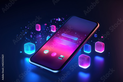Levitating smartphone on an abstract neon background with app interface on the screen.