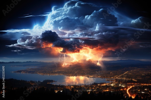 Night lightning lights light city between loaded clouds., generative IA