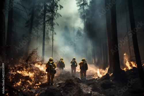 firefighters in the forest with burning fire