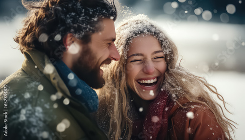 Happy young couple hugging together on winter morning