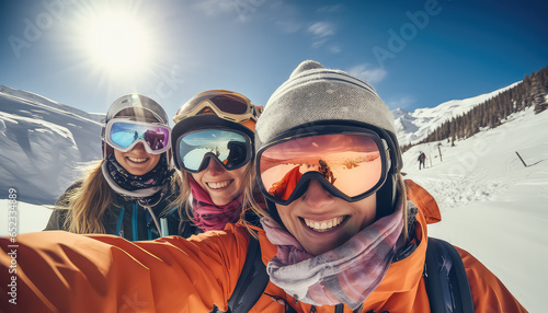 Selfie friends together at a ski resort