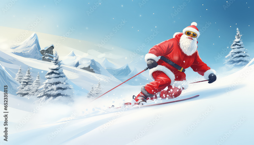 Santa Claus skiing in the mountains