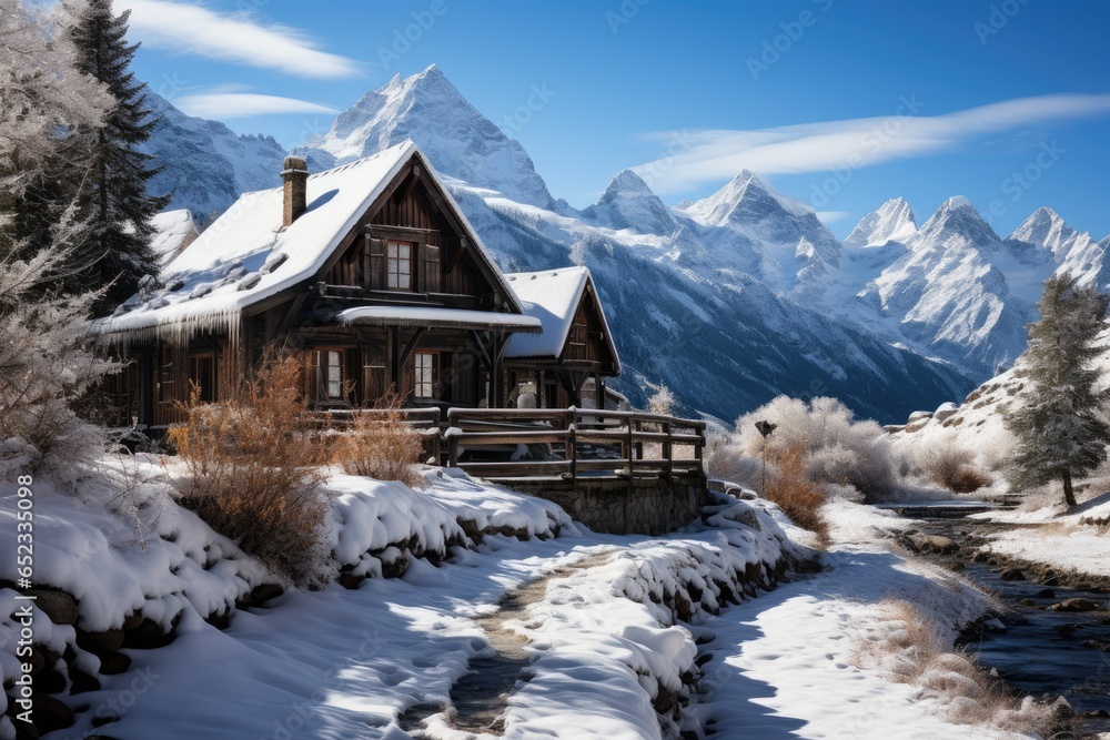 Winter chalet next to frozen river, surrounded by snowy pines and distant mountains., generative IA