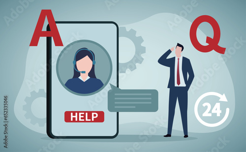 Virtual assistant of scenes isolated. People call and send messages to customer support, set in flat design. Vector illustration for blogging, website, mobile app, promotional materials.