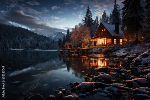 Wintering chalet by the lake, lit bonfire, starry sky., generative IA © Gabriel
