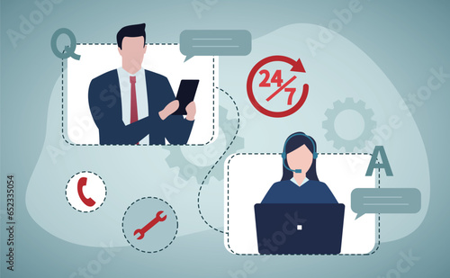 Virtual assistant of scenes isolated. People call and send messages to customer support, set in flat design. Vector illustration for blogging, website, mobile app, promotional materials.