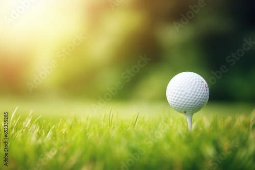 Golf ball on tee ready to be shot with blurred bokeh light background