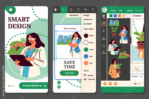 Sustainability Figma bundle. Set of character scenes of woman scientist developing solutions for climate change, researching renewable clean energy sources, vector illustrations in flat web design