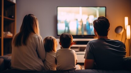 A family sitting on sofa in living room and watching television, back view angle, generative ai