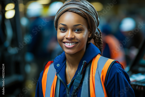 Radiant young woman, joyfully working on an assembly line in a factory. Exudes optimism amidst machinery, embodying the spirit of blue-collar labor.