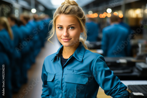 Charming blonde girl laboring happily in a factory  her radiant smile embodies satisfaction and optimism amidst manufacturing scene.