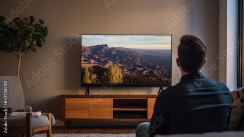 A young man sitting on sofa in living room and watching television, back view angle, generative ai