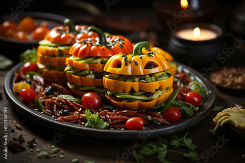 Halloween pumpkin salad with black olives and tomatoes on dark background photo