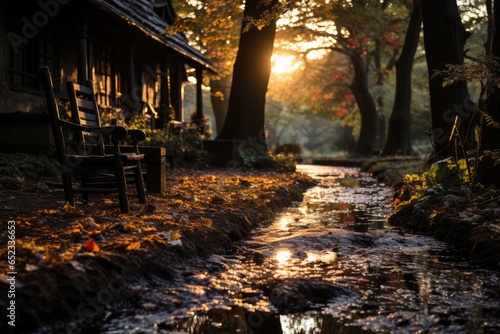 Rustic house in the autumn clearing surrounded by vibrant and stream trees., generative IA