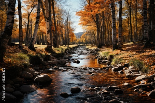 Autonal Grove: Golden leaves, serene stream, wildlife., generative IA © Gabriel
