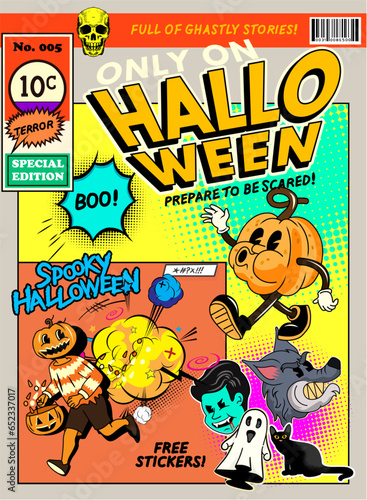 A Halloween themed and decorated retro comic magazine cover display. Vector illustration