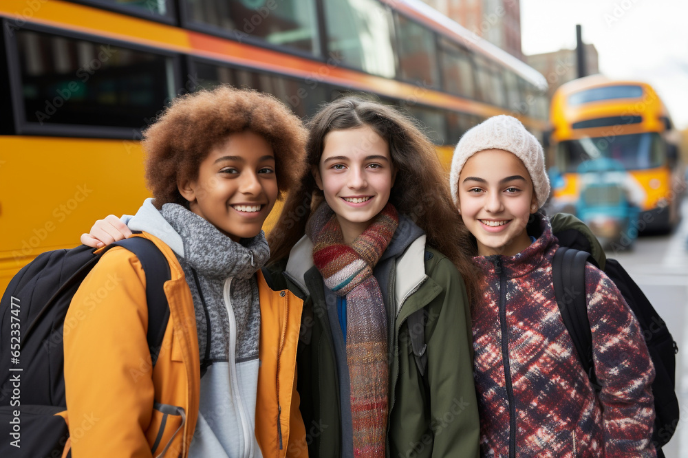 Students near the school bus, children of various backgrounds excitedly preparing to enter the schoolbus for a day of learning Students near the school bus, children of various backgrounds excitedly preparing to enter the schoolbus for a day of learning