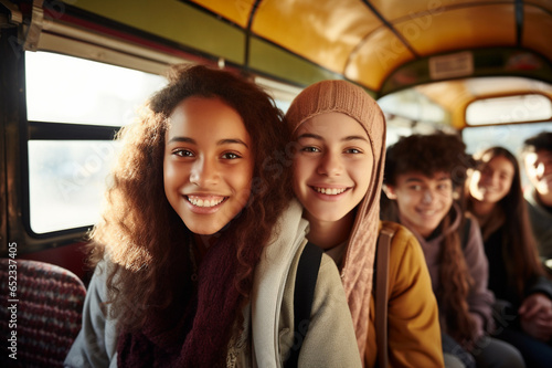 Students inside a school bus, young children from diverse backgrounds