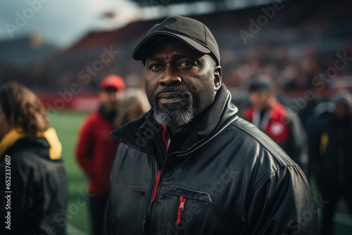 Portrait of an adult African American male football coach in jacket and cap, sports instructor training a team at stadium and looking at camera © Sergio