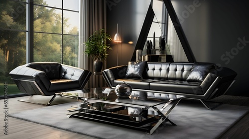Design a modern living room with a sleek black leather sofa, glass coffee table and a striking geometric rug. Generative Ai.