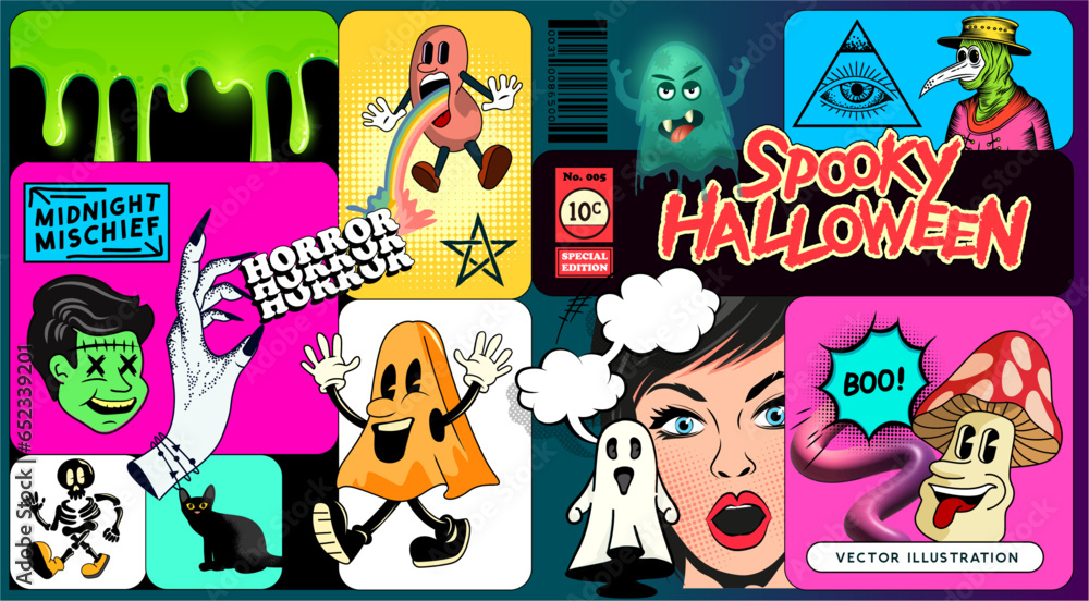A collection of spooky halloween decorations, characters and stickers for designs! Vector illustration