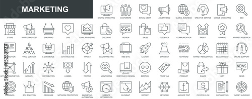 Marketing web icons set in thin line design. Pack of social media, advertising, global business, seo, viral content, online shopping, review, sale, feedback and other. Vector outline stroke pictograms