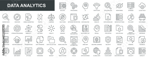Data analytics web icons set in thin line design. Pack of database, big data process, ai, monitoring, traffic, hosting service, optimization, backup, chart and other. Vector outline stroke pictograms