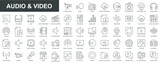 Audio and video web icons set in thin line design. Pack of camera movie, voice, radio, music streaming, photography, headphones, cinema, podcast, broadcasting, other. Vector outline stroke pictograms
