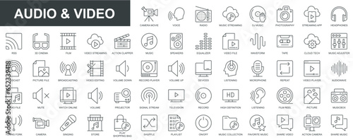 Audio and video web icons set in thin line design. Pack of camera movie, voice, radio, music streaming, photography, headphones, cinema, podcast, broadcasting, other. Vector outline stroke pictograms