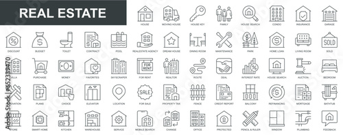 Real estate web icons set in thin line design. Pack of house, moving home, key, insurance, garage, budget, contract, realtor agency, mortgage, loan, property, other. Vector outline stroke pictograms