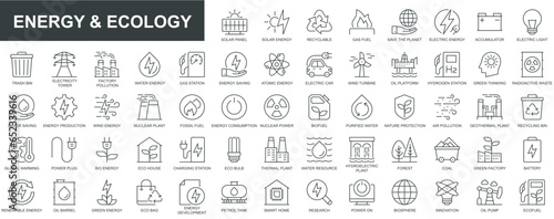 Energy and ecology web icons set in thin line design. Pack of solar panel, recyclable, gas fuel, save planet, accumulator, trash bin, factory pollution, eco and other. Vector outline stroke pictograms