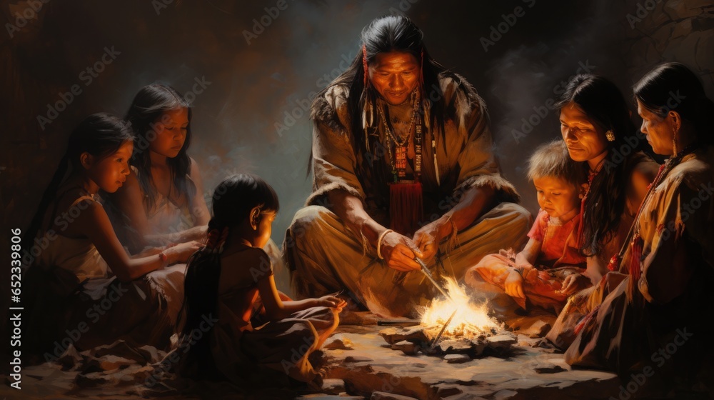 Fototapeta premium authentic native American Indian family scene. National Native American Heritage Month Concept