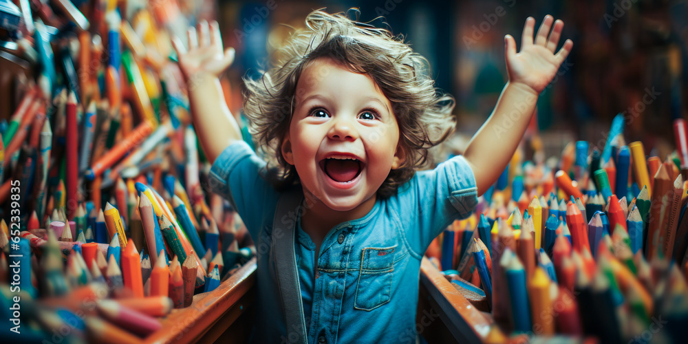 Vibrant preschooler, thrilled with multicolor crayons in hand, depicting pure joy and happiness during an arts and crafts class. - obrazy, fototapety, plakaty 