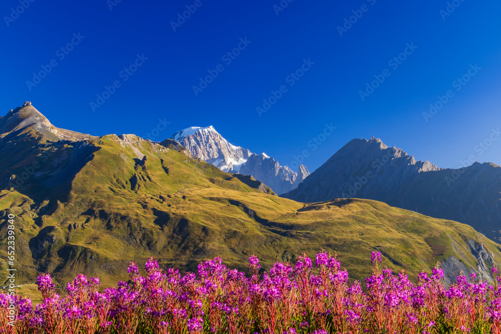 Landscape near Col du Petit-Saint-Bernard with Mont Blanc, on border France and Italy - obrazy, fototapety, plakaty 