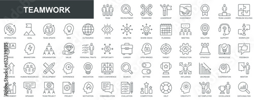 Teamwork web icons set in thin line design. Pack of team, recruitment, leadership, agreement, success, leader, problem solving, interaction, goal, idea, vision, other. Vector outline stroke pictograms