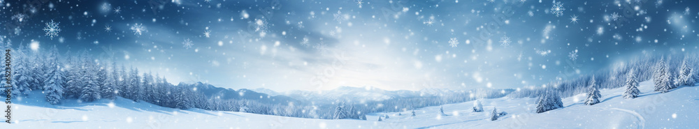 Christmas card Wide winter panorama with white snowflakes and winter forest On the horizon. Generative Ai